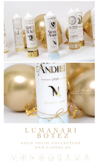 Lumanare de botez personalizata cu monograma, print folio gold, 30x8cm, Vals 2